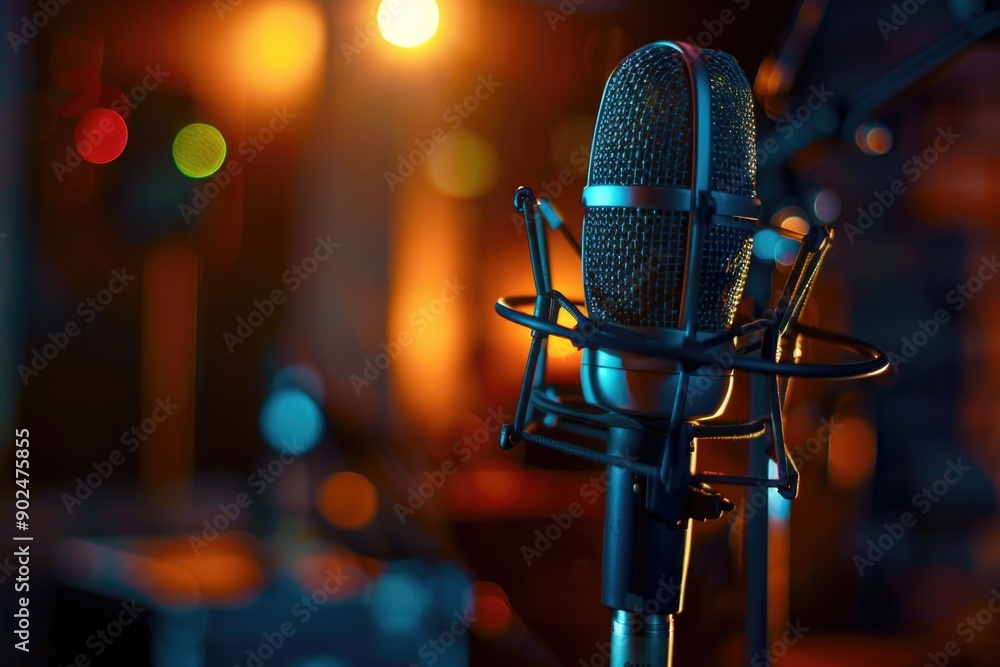 A microphone surrounded by blurred lights, perfect for a music or event concept A microphone surrounded by blurred lights, perfect for a music or event concept