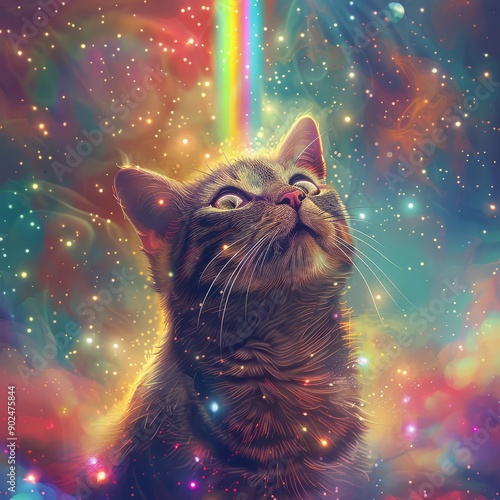 A Cat Gazing Upwards at a Rainbow in a Starry Sky photo