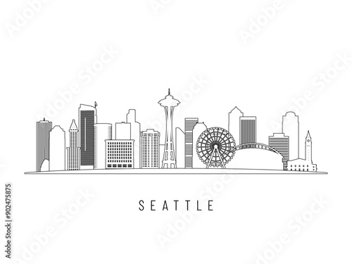 Detailed Seattle skyline vector illustration. Seattle buildings in line art style, perfect for modern designs.