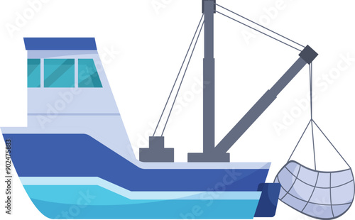 Fishing boat is lowering net for catching fish in ocean, commercial fishing vessel, marine industry concept