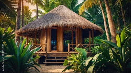 Tropical Thatched Roof Beach Hut Surrounded by Palm Trees