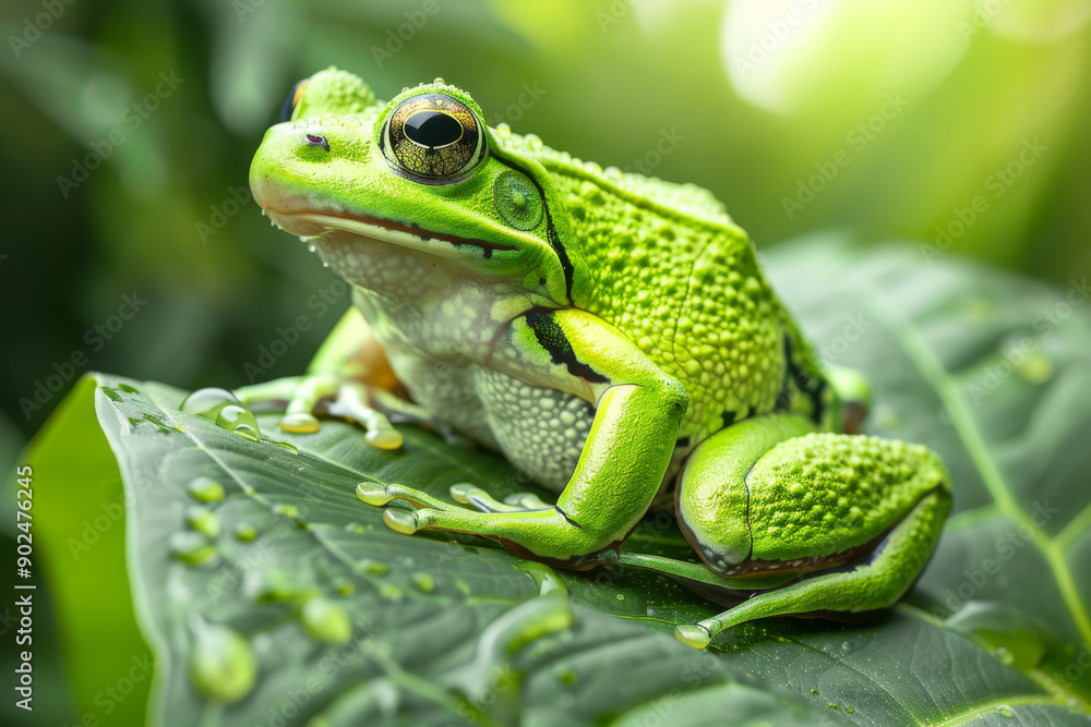 Obraz premium Green Tree Frog Perched on a Leaf with Dew Drops