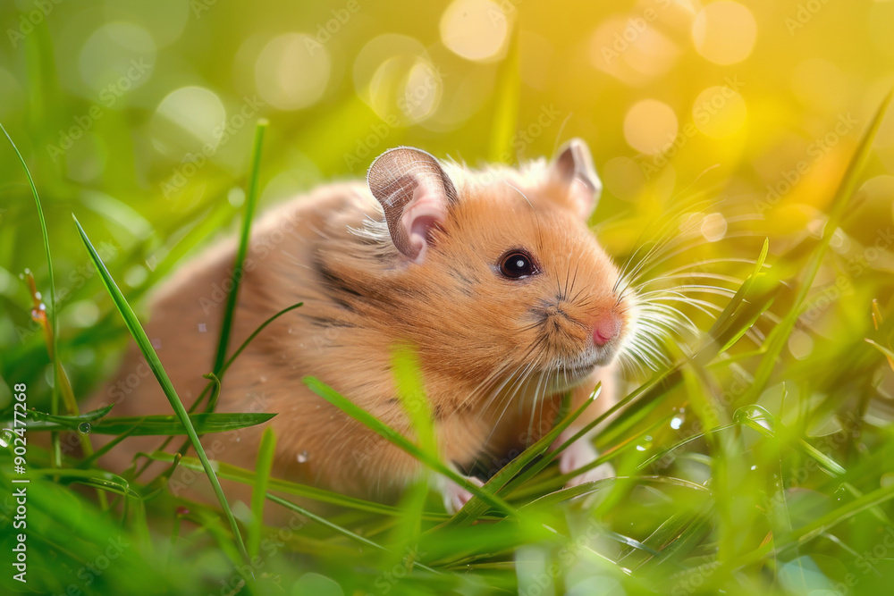 A Golden Hamster Resting in Lush Green Grass A Golden Hamster Resting in Lush Green Grass