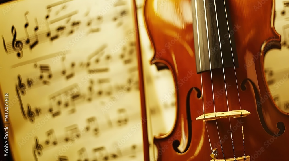 Fototapeta premium Elegant Violin with Musical Notes in the Background. Classical Music and Artistic Expression.