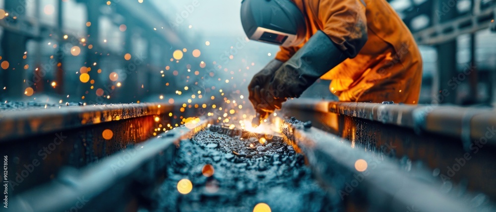 Railroad Worker Welding Tracks. Generative ai. Railroad Worker Welding Tracks. Generative ai.