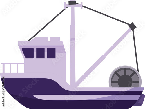 Fishing trawler ship sailing on water and catching fish with net