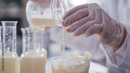 Close up of scientist or nutritionist dripping a sample of milk, fat or glucose in a test tube or beaker in laboratory, Expertise is working on lactose, protein experiment analysis or testing quality