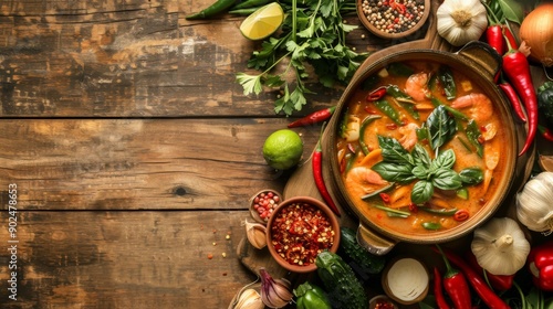 A rustic wooden table with a hot pot of Tom Yum Goong, surrounded by fresh vegetables, herbs, and chili peppers for an authentic look.