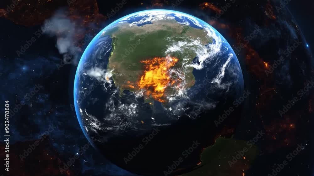 Globe surrounded by flames and black smoke. Issues of climate change and global warming.
Globe surrounded by flames and black smoke. Issues of climate change and global warming.