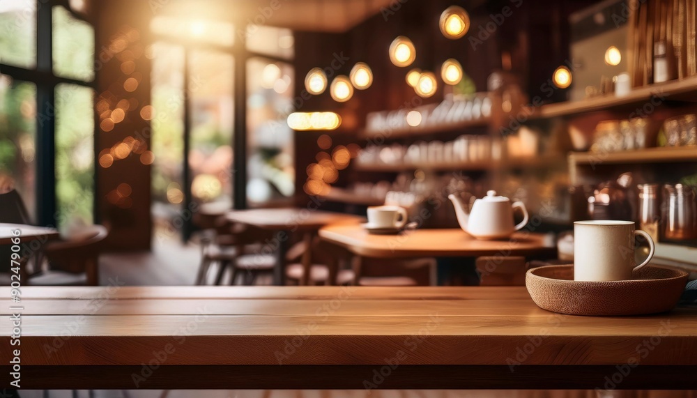 Fototapeta premium Empty wooden table surface with blurred background in coffee shop. product display. Generated image