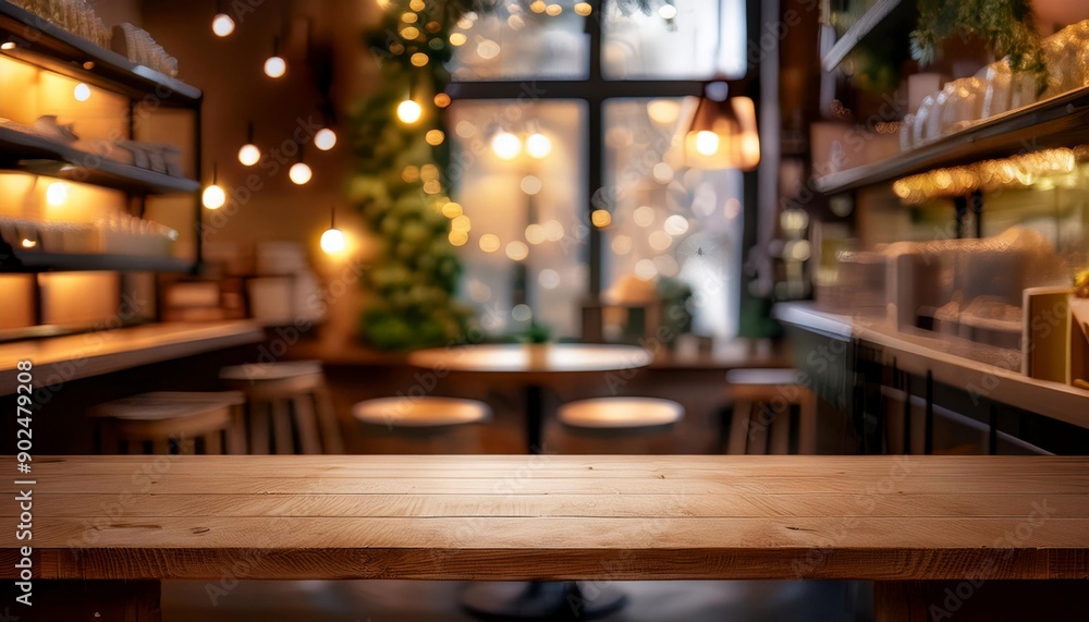 Empty wooden table surface with blurred background in coffee shop. product display. Generated image Empty wooden table surface with blurred background in coffee shop. product display. Generated image