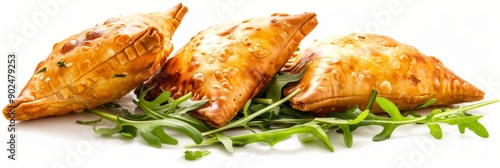 Crispy Burnt Turnovers, Small Pies, Chebureki, Samosa with Spicy Sause, Arugula, Cheese, Greens photo