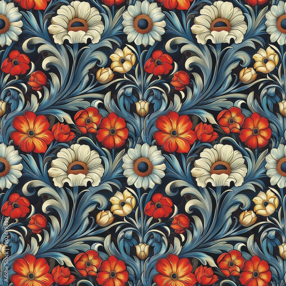 Abstract flowers relief decorative seamless pattern background. Digital painting raster bitmap illustration. Floral tiled ornament. Graphic design art. AI artwork. Abstract flowers relief decorative seamless pattern background. Digital painting raster bitmap illustration. Floral tiled ornament. Graphic design art. AI artwork.
