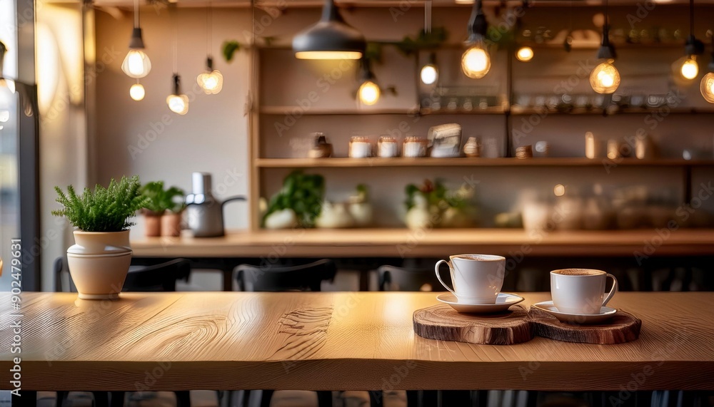 Empty wooden table surface with blurred background in coffee shop. product display. Generated image Empty wooden table surface with blurred background in coffee shop. product display. Generated image