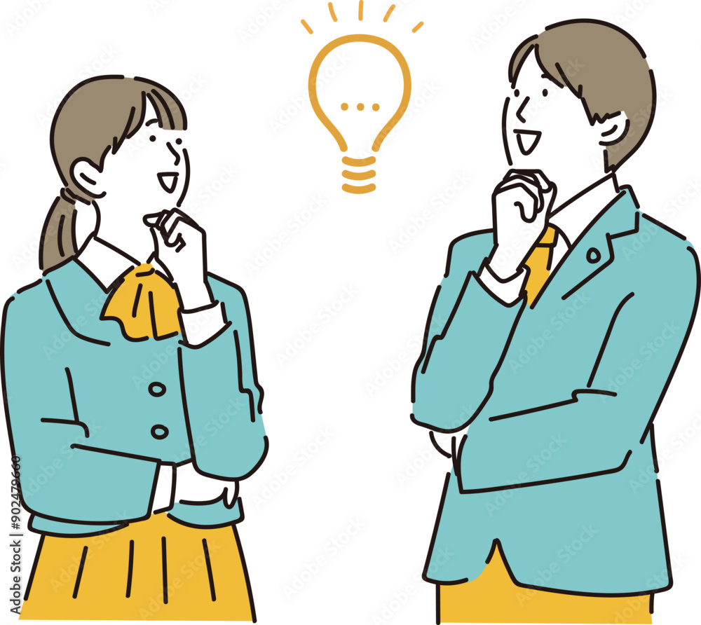 上を向いて閃く男女の学生イラスト