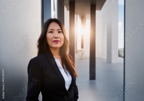 A native indigenous woman in a business suit, with a sun flare in the background photo