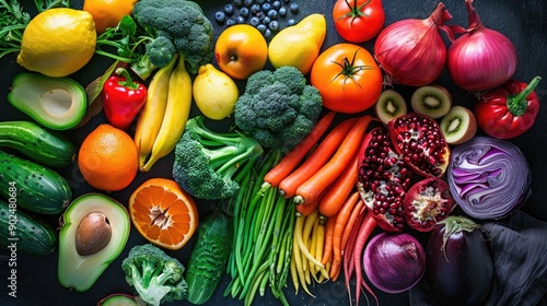 Assortment of fresh organic fruits and vegetables in rainbow colors