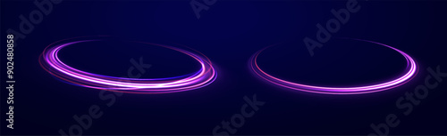 Neon glowing lines, spiral effect, fast car speed. Speed light streaks vector background with blurred fast moving light effect, blue purple colors on black.