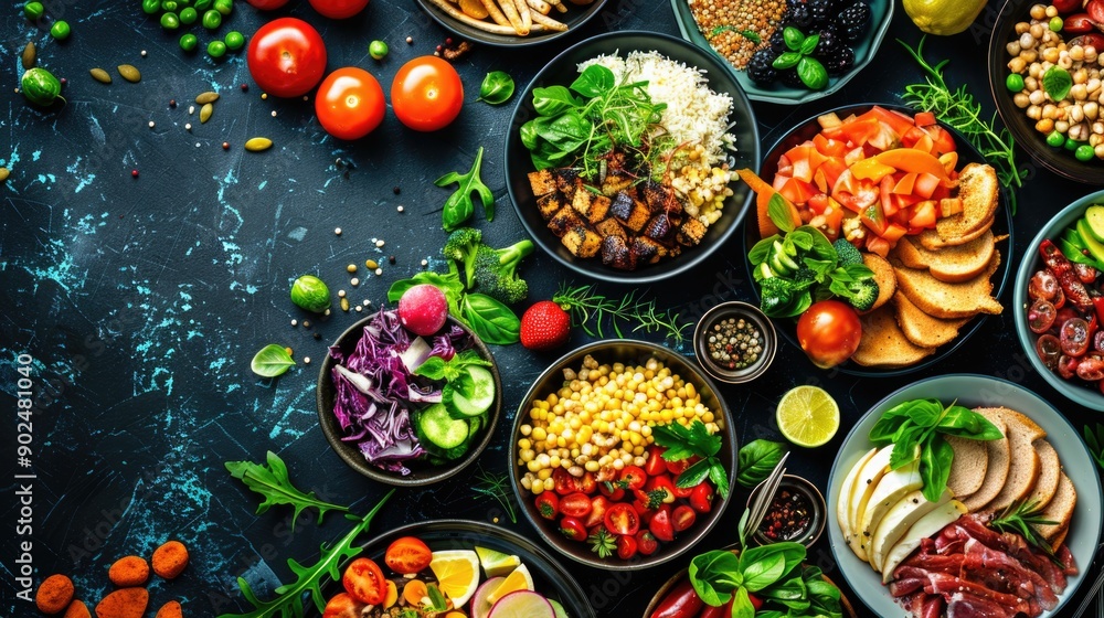 Assortment of healthy food dishes. Top view. Free space for your text. Assortment of healthy food dishes. Top view. Free space for your text.