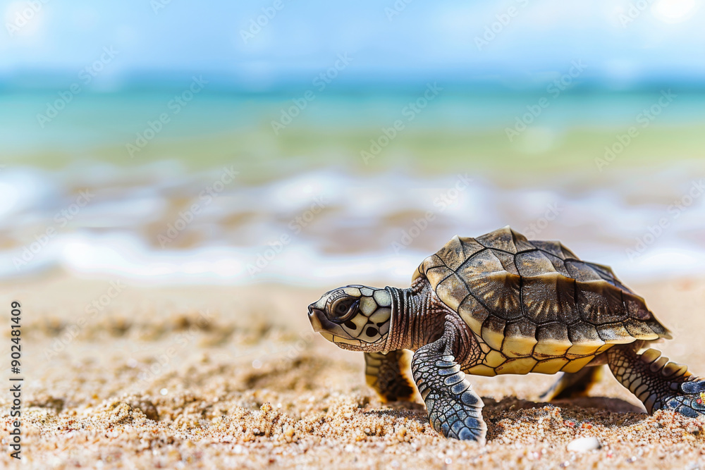 A Baby Sea Turtle Crawling on Sandy Beach