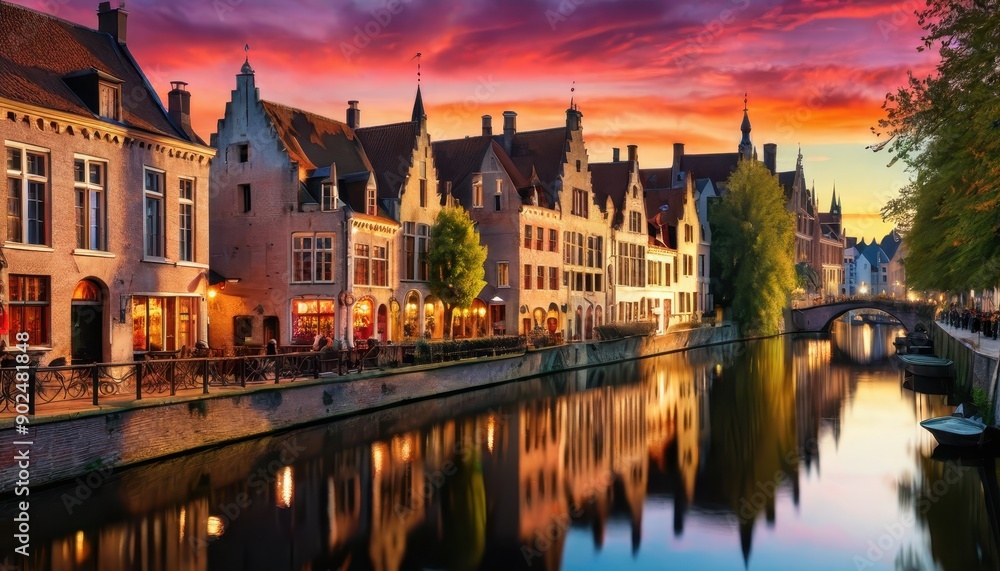 Fototapeta premium Picturesque Sunset Over a Canal in Bruges, Belgium.