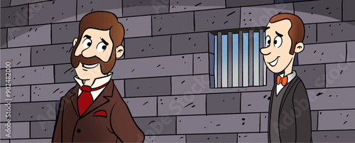 Prisoners in the cell. Punished crimes, prison interior. Life in prison, arrested convict men vector cartoon concept
