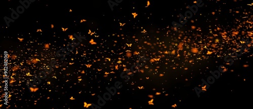 Overlay of firefly particles, on black background, Generative AI