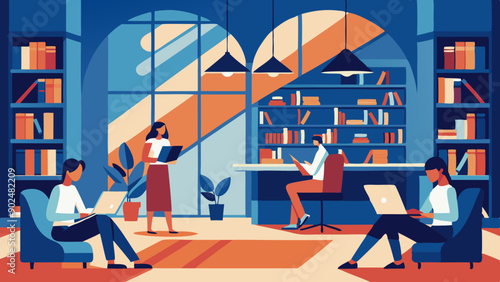 Modern Library Scene with Diverse People Reading Graphic Novels - Vector Illustration