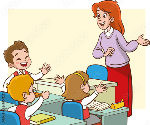 Vector Illustration of Children Education.students doing group work.students studying with teacher in classroom cartoon vector