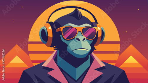 Playful Monkey Wearing Earphones and Sunglasses Reflecting in Mirror