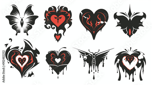 Emo heart tattoo set, vector flame gothic love sticker, y2k Valentine’s Day trendy print, butterfly. Cracked broken shape, girly flat icon, romantic flames silhouette, graffiti drip. Emo heart clipart