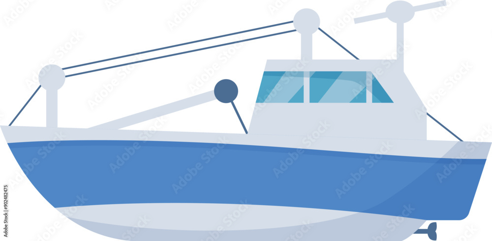 Modern fishing boat floating on water surface, industrial ship for seafood harvesting, marine navigation concept Modern fishing boat floating on water surface, industrial ship for seafood harvesting, marine navigation concept