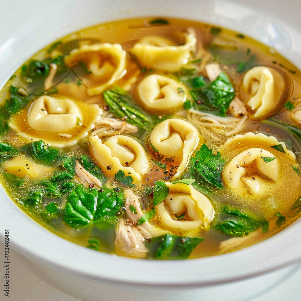 Chicken Bouillon with Tortellini Pasta in White Bowl, Noodle Ravioli Soup, Clear Sturdy Seasoned Broth Chicken Bouillon with Tortellini Pasta in White Bowl, Noodle Ravioli Soup, Clear Sturdy Seasoned Broth