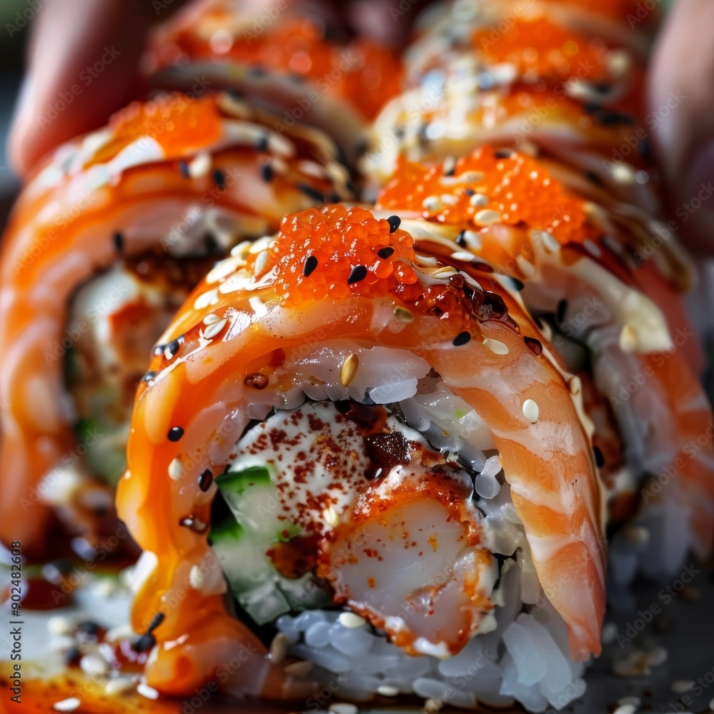 Eating Sushi Rolls with Chopsticks in Hands, Taking Sushi Roll, Eating Susi in Japanese Restaurant Eating Sushi Rolls with Chopsticks in Hands, Taking Sushi Roll, Eating Susi in Japanese Restaurant