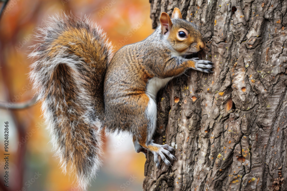 A Gray Squirrel Climbing a Tree Trunk in Autumn A Gray Squirrel Climbing a Tree Trunk in Autumn