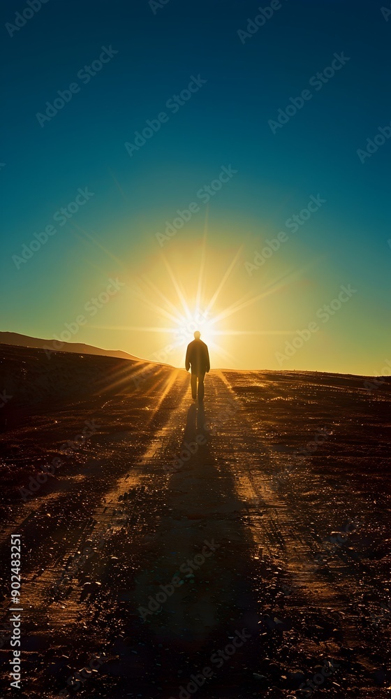 Silhouette of a Person Walking Towards a Bright Horizon Symbolizing a Journey of New Paths and Embracing the Energy of New Beginnings Silhouette of a Person Walking Towards a Bright Horizon Symbolizing a Journey of New Paths and Embracing the Energy of New Beginnings