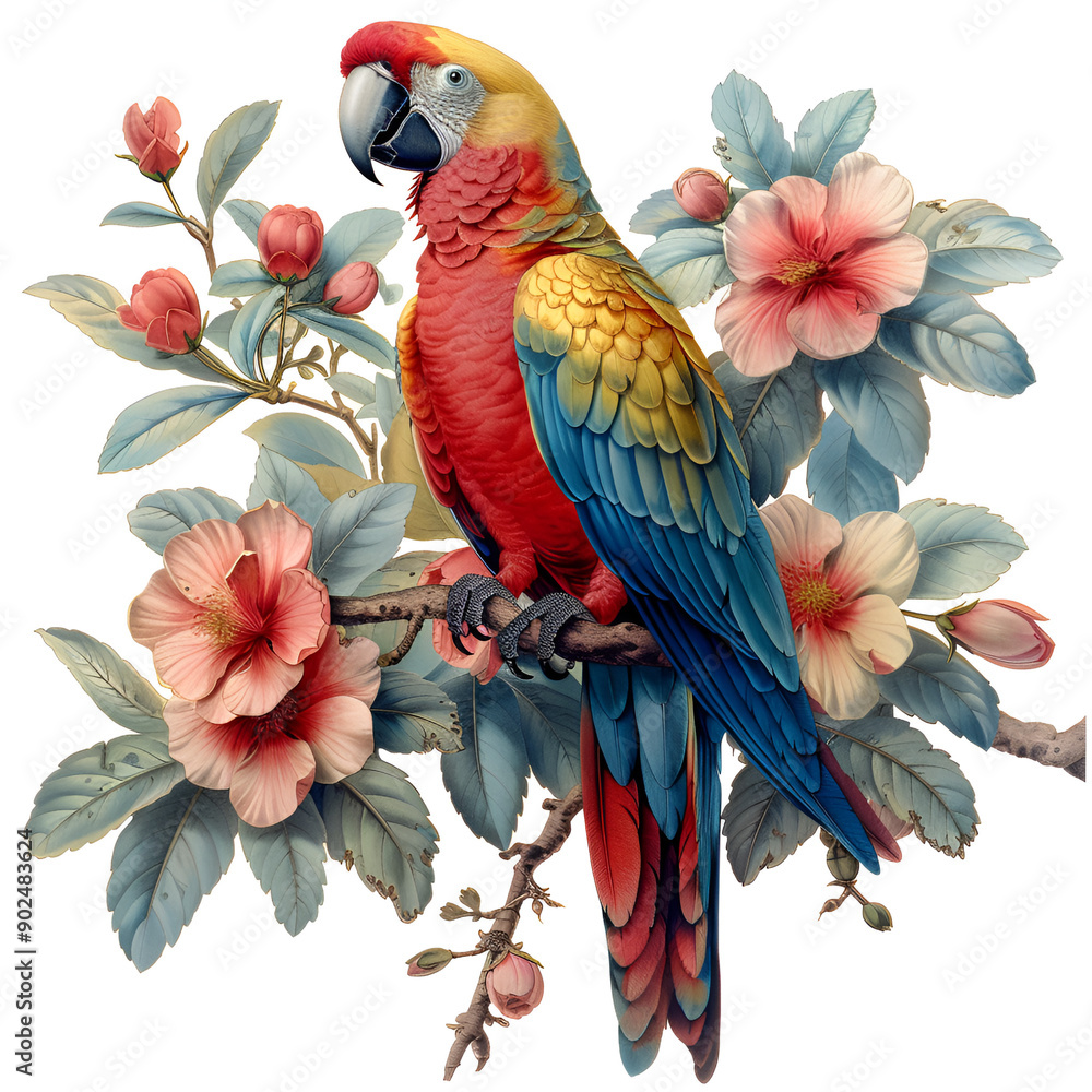 Fototapeta premium parrot bird old botanical style with white isolated background