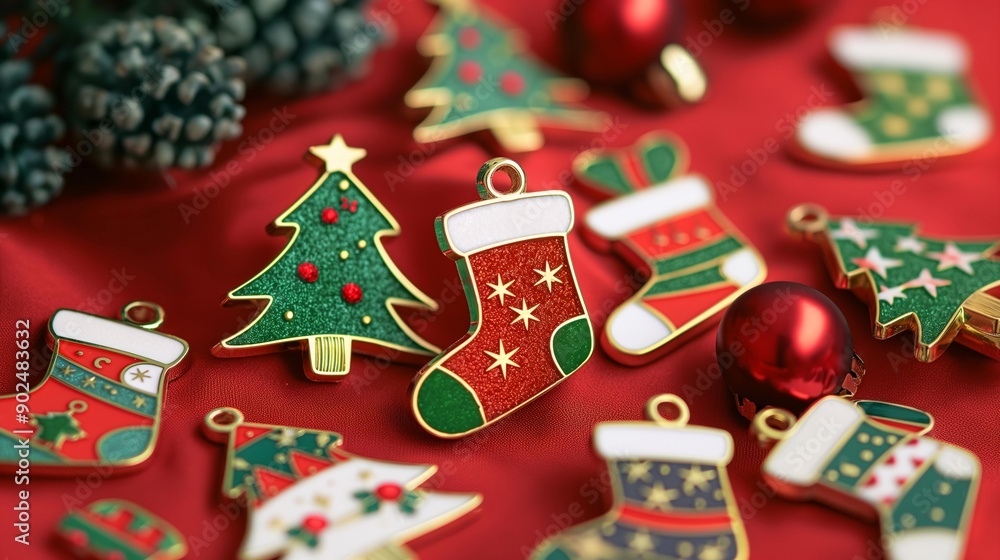 Obraz premium Christmas-Themed Enamel Pins Featuring Stockings and Trees on Festive Background