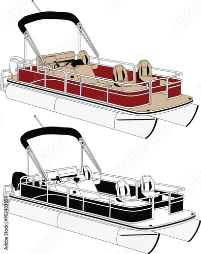 Pontoon boat vector, boat vector, motorboat vector, line art illustration