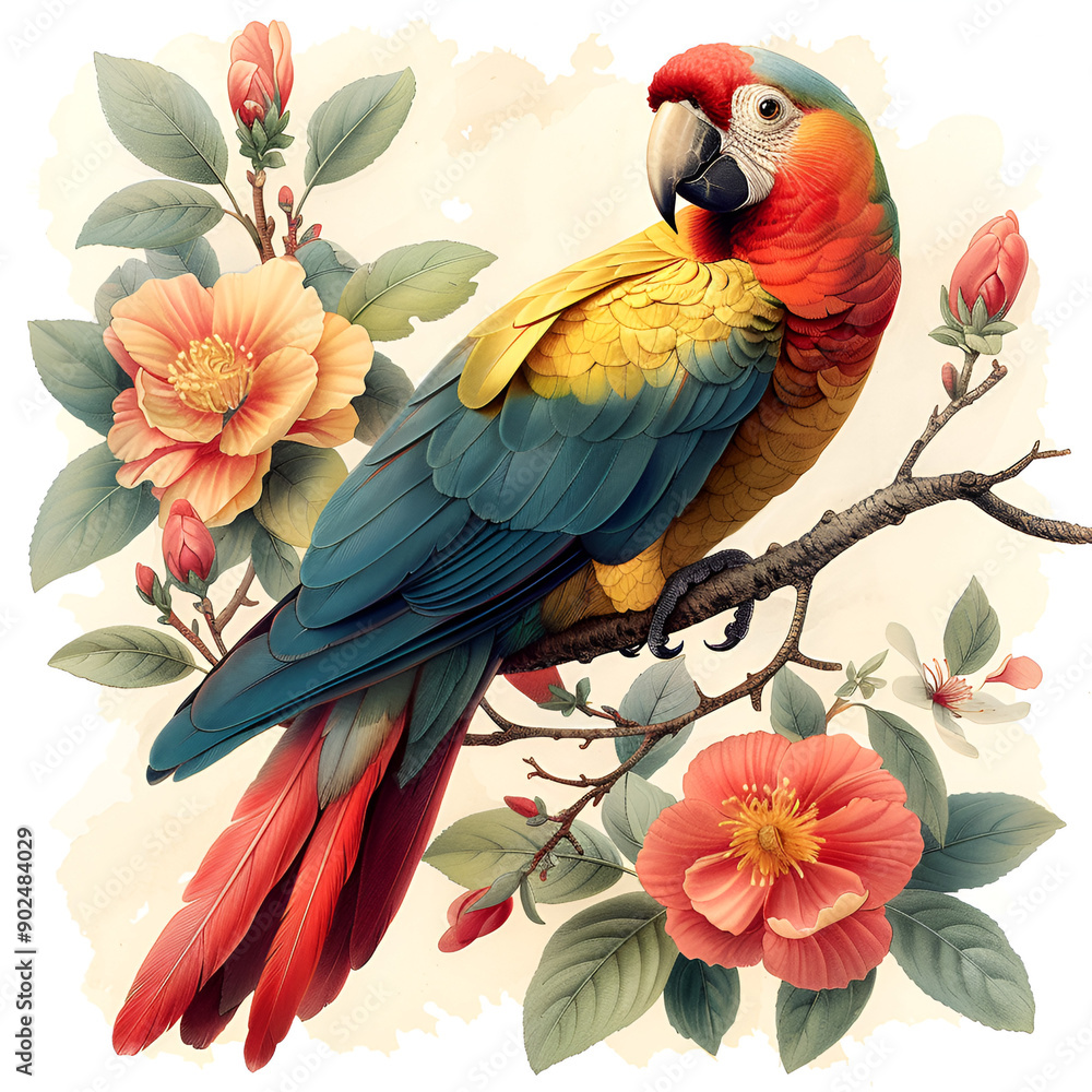 Fototapeta premium parrot bird old botanical style with white isolated background
