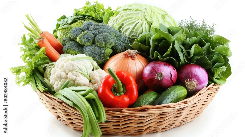 raw vegetables in wicker basket isolated on white raw vegetables in wicker basket isolated on white