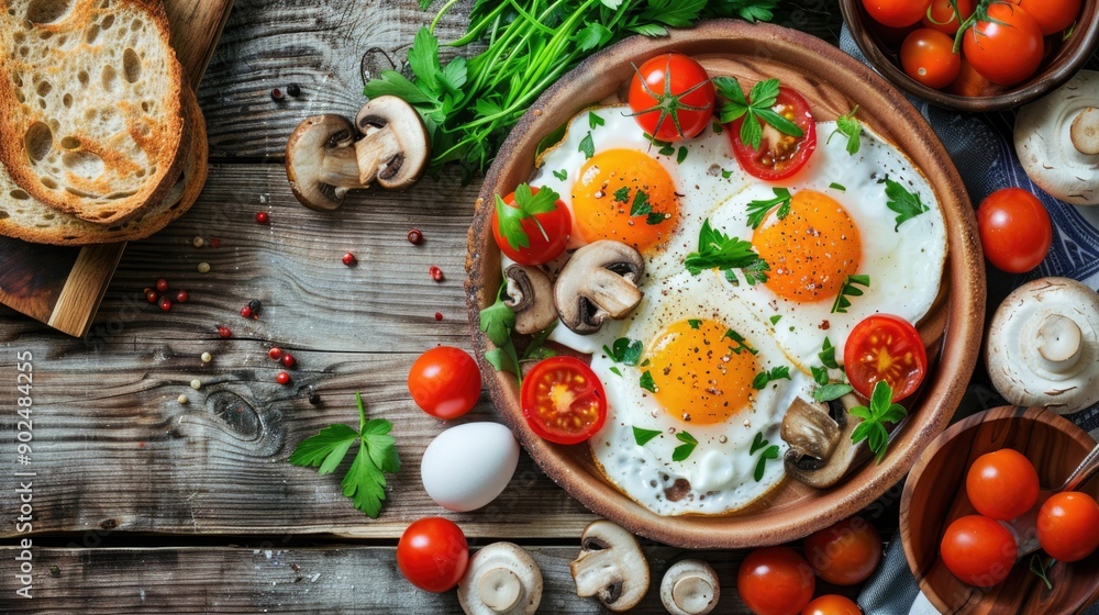 Breakfast table Breakfast plate fried eggs vegetables mushrooms toast top view healthy table Breakfast table Breakfast plate fried eggs vegetables mushrooms toast top view healthy table