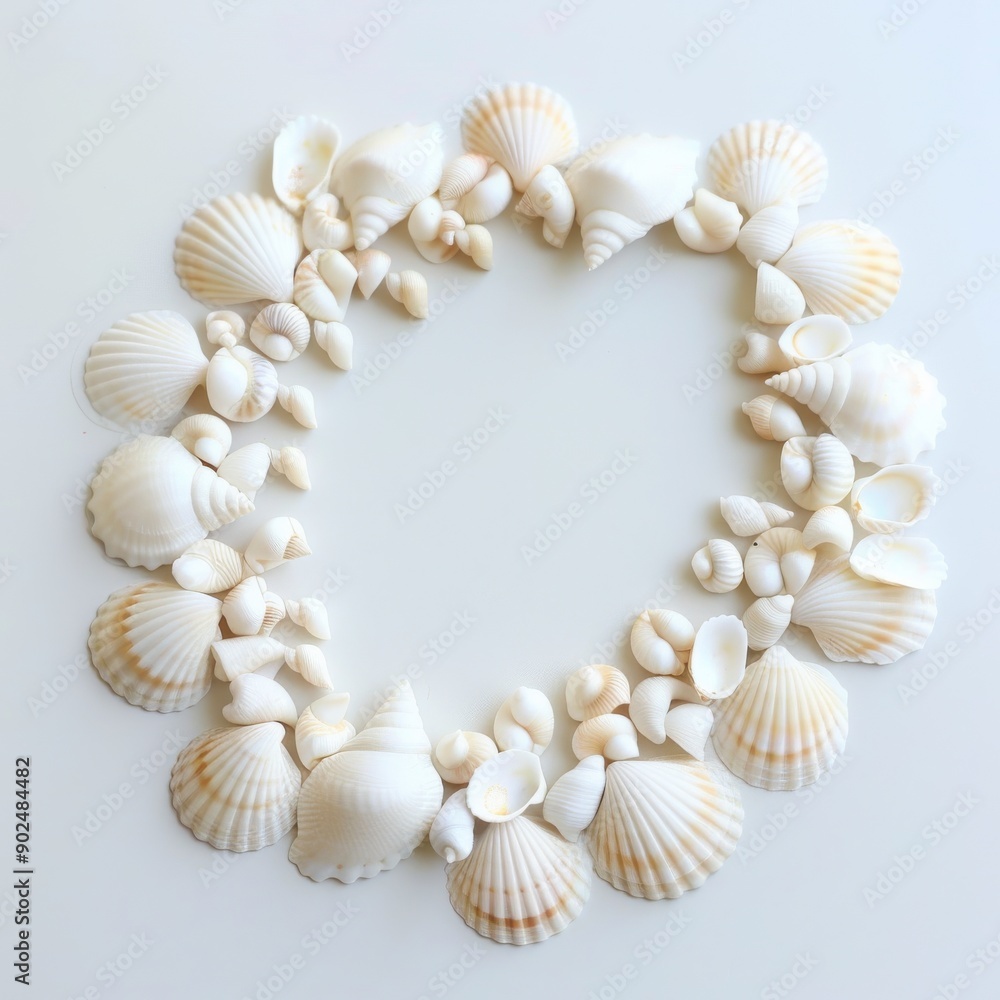 A handmade shell bracelet with small white shells arranged in a circle on a white background A handmade shell bracelet with small white shells arranged in a circle on a white background