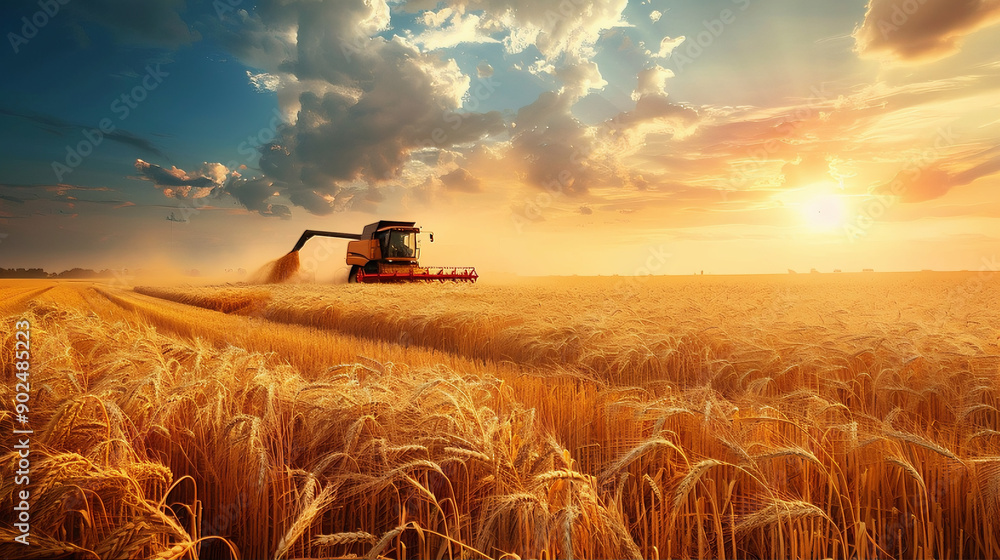 Fototapeta premium wheat field in sunset, commercial agriculture large scale grain harvesting with combine harvest, agricultural wheat farming, agriculture vehicles, combine 