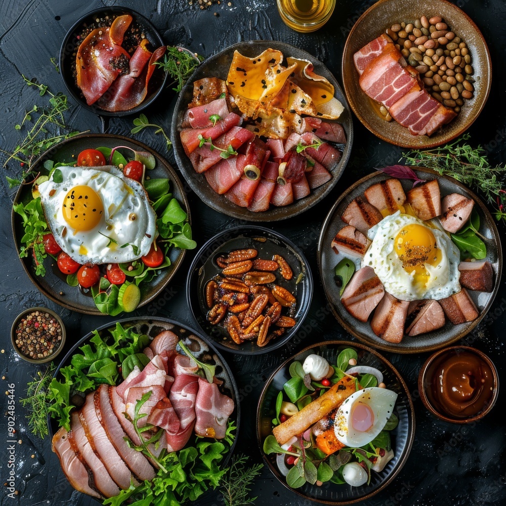 Set of Various Meat Salads on Rustic Ceramic Plates Top View. Salad Mix, Smoked Turkey, Honey Sauce Set of Various Meat Salads on Rustic Ceramic Plates Top View. Salad Mix, Smoked Turkey, Honey Sauce
