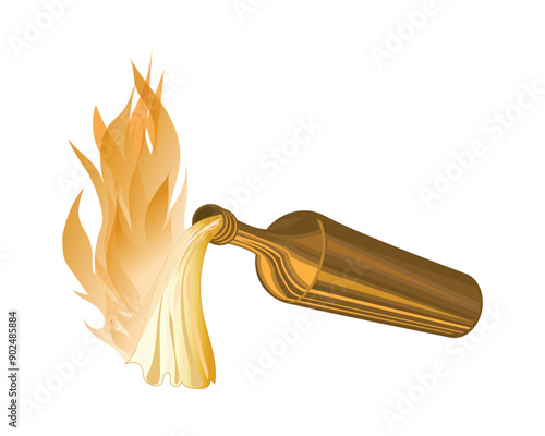 vector design of a dark brown bottle with a cloth at the end that is filled with a flame, usually called a Molotov cocktail
