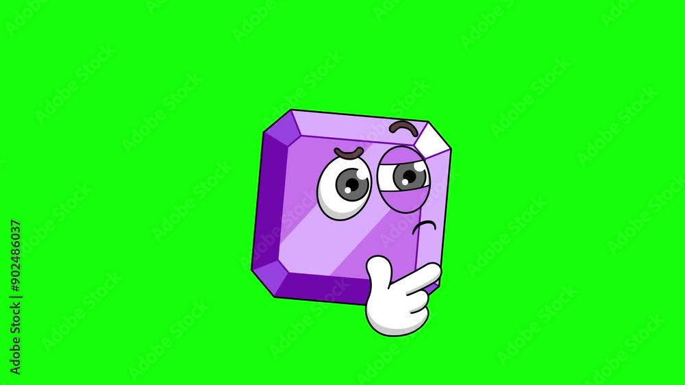 Thinking animation of a purple gemstone cartoon, mascot animation with green green Thinking animation of a purple gemstone cartoon, mascot animation with green green
