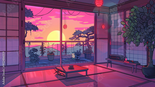 A beautiful Japanese room at sunset with a cartoonish anime art style. Featuring cozy, lo-fi Asian architecture, this aesthetic wallpaper for mobile phones showcases pastel pink, green