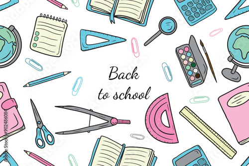 Vector frame with stationery and necessary equipment for going back to school. Opened book, ruler, dividers for geometry, globe world map. Hand drawn vector sketch illustration in doodle vintage style