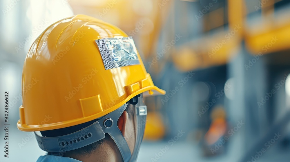 A close-up of a construction worker's hard hat with stickers and markings. A close-up of a construction worker's hard hat with stickers and markings.